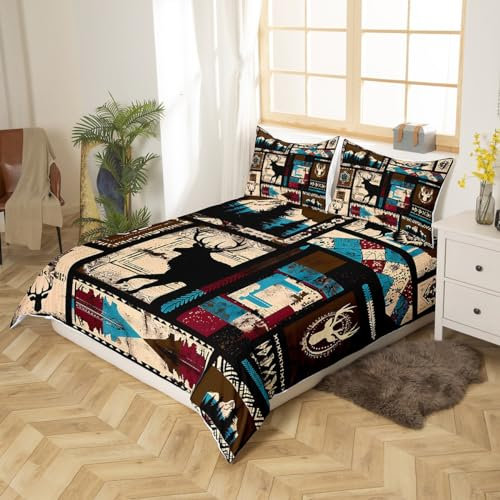 Homemissing Hirsch Bettbezug Set Aztec Bettwäsche Set 135x200cm Hirsch Jagd Betten Set für Kinder Western Bettdeckenbezug 2Stück Reißverschluss mit 1 Kussenbezug