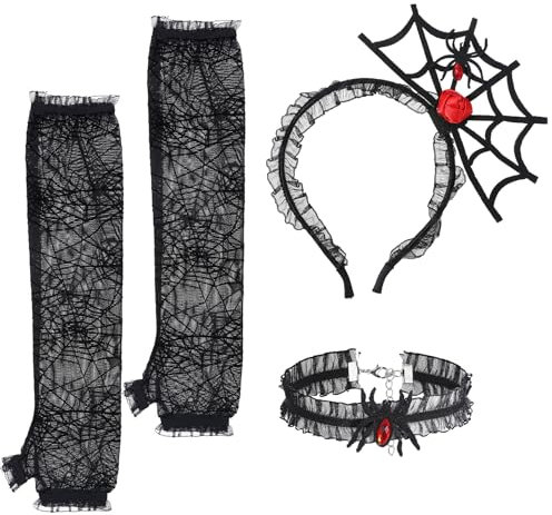 Lusofie Spinnennetz Handschuhe Haarreif Spinne für Damen Halloween Langärmliges Spitzenhalsband Schwarz Spinnen Haarband Halloween Kostüm Spinne Stirnband Zubehör Cosplay Party