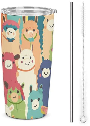 Xiputvl 3D-Druck Alpaka Edelstahl Thermobecher Mit Strohhalm - Perfekt Für Heiß- Und Kaltgetränke - Auslaufsicher 20oz