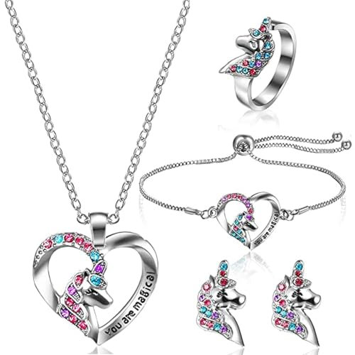 Ensemble de Bijoux Licorne Jieddey pour Filles, 4 Pièces : Collier, Bracelet, Bague et Boucles d'Oreilles en Alliage Argent avec Quartz Rose, Violet et Blanc, Taille Réglable, Coffret Cadeau Inclus