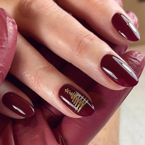 Red False Nails, Almond Christmas Press On Nails, 24Pcs Fake Nails Square Press on Nails with Gold Christmas Tree, Stick on Nails for Women