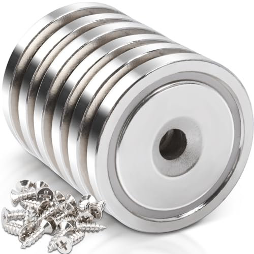 6 Stück Neodym Magnete mit Loch Neodym Magnete Extra Stark 45KG Kraft 36x7 mm mit Loch und Kapsel, Senkkopf-Topfmagnet mit Schrauben Starke Magnete für Küchen Kühlschrank, Badezimmer, Lager, Büros