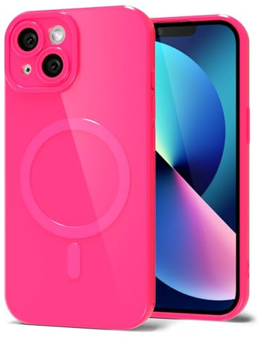 Svanove for iPhone 13 Phone Case Silicone Magnetic, Compatible with Magsafe Case Cute for Women, Girly Bright Color Glossy Jelly Thin Slim Hard Mag Safe Rubber & Camera Cover, Neon Hot Pink