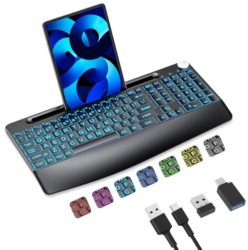 Lighted up Large Print Full Size 2.4G Ergonomic Wireless Keyboard, Rechargeable,with 7 Colored Backlits &Volume Knob&Phone Holder &Wrist Rest,for Mac Windows Laptop PC (Keyboard)