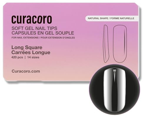 Curacoro Natural Nail Soft Gel Tips - 420Pcs Soft Extension Tips, 14 Sizes Clear Full Cover Acrylic Gel Tip, Long-Lasting Salon Quality, Easy to Wear & Natural Look (Square, Long)