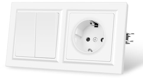 CNBINGO Interrupteur d'éclairage avec prise, 2 compartiments 1 voie, interrupteur encastré, blanc, double prise murale