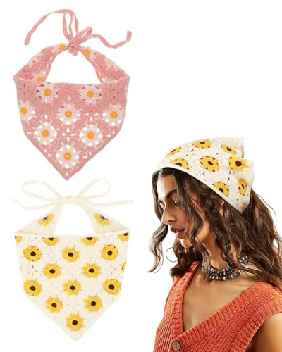 MOPZIJA 2PCS Kopftuch Damen Sommer, Dreieck Haartuch, Gehäkeltes Blumen Bandana, Boho Floral Kopftuch, für Frauen und Mädchen