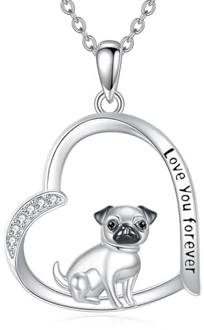 CUPENDA Mops Kette 925 Sterlingsilber Herz Hund Welpen-Anhänger Süß Geburtstagsschmuck – Freundschaftsschmuck für Damen Hundeliebhaberinnen