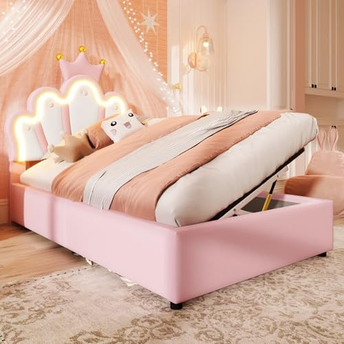 EURHCIO Lit Enfant Fille 90x200cm,Lit Coffre Une Place avec Éclairage LED Réglable,Tête en Forme de Couronne Réglable,Stockage Hydraulique pour Enfants Adolescents(C-Rose,90x200)