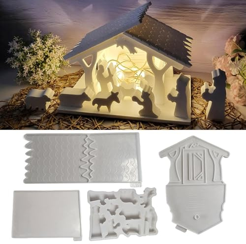 Silikonformen Gießformen Weihnachten, Silikonform Weihnachten Krippe Haus, 3D Weihnachtskrippe Haus Gießformen Silikon, 4er Set Silikon Gießform Weihnachten für DIY Weihnachtsdeko Krippe Handwerk (G)