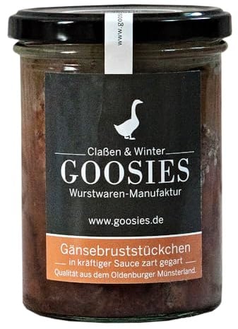 Goosies | Gänsebruststückchen in kräftiger Sauce | norddeutsche Spezialität aus zartem Gänsefleisch – tafelfertig & aromatisch im Geschmack | 400g