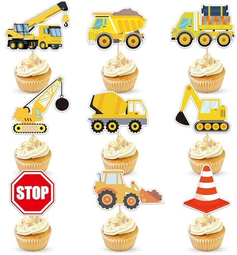 CharmeFleur 27 Stck Baustellen Cupcake Deko Muldenkipper Bagger Traktor Stoppschild Teil Torten Deko Für Bau Thema Kinder Geburtstag Deko Baby Shower Geburtstagsschild