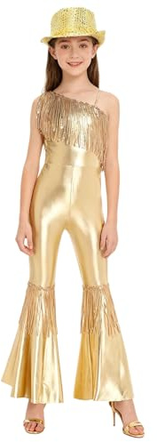 TTAO Kinder Mädchen Jumpsuit Glänzende Metallic Overall Ganzanzug Gymnastik Trikot mit Pailletten Hut 70er 80er Jazz Disco Performance Outfit