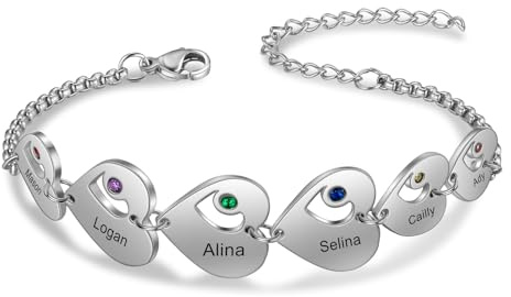 Presentimental Argent 925 Bracelet personnalisé pour femmes avec 1-6 noms gravé Bracelet porte-bonheur avec 12 pierre de naissance Cadeau pour Noël Fête des Mères Anniversaire