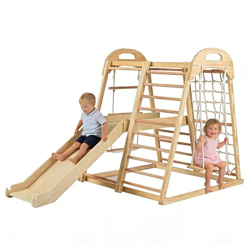 DREAMADE Ensemble 8 en 1 Jeu d'escalade Montessori avec Balançoire, Échelle, Toboggan & Filet d'escalade, Charge Max. 50KG, Aire de Jeux Intérieure en Bois pour Enfant 3-5 Ans (Naturel)
