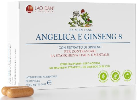 Angelica e Ginseng 8 da Fitoricerca Lao Dan® | 60 Capsule Vegetali Integratore Naturale con Panax Ginseng e Angelica per Contrastare Stanchezza Fisica e Mentale | Prodotto in Italia