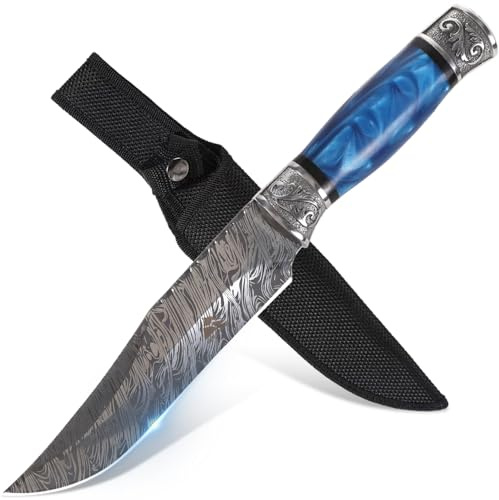 GER-SABER Traditionelles Jagdmesser 31cm – California Clip-Point Klinge mit Damast-Optik, Verzierter Handschutz aus Edelstahl, Resin-Griff, Eleganter Outdoor Begleiter