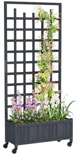 Outsunny Wooden Trellis Planter Raised Beds for Garden with Wheels, Grey