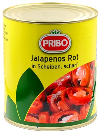 PRIBO JALAPENOS ROT - 6x 1,5kg - eingelegt in Dose & in Scheiben geschnitten, feurig scharfe Jalapeño-Paprika, von PRIBO, Jalapeno-Peperoni, zu Nachos, Enchiladas, Tacos, Burritos, Pizza