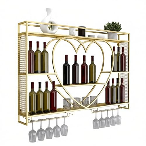 CVFOMBN Weinregal Wand,mit LED-Beleuchtung Metall,Für Bar-Einheiten,Schwebende RegaleBar Regale Wand Wandmontierte Weinregale Für Bar, Restaurant, Indoor,Gold,140cm/55.11in