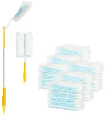 M.J COMFY-LIFE Fluffy Duster with Long and Short Handle Disposable Dust Magnet Electrostatic Mop Head for Home Office Desk Blinds Ceiling Fans Car (60Pcs 180° Fluffy Duster Set)