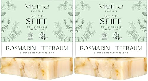 Meina Naturkosmetik - Teebaumöl Seife, Bio Naturseife gegen Pickel und unreine Haut ohne Palmöl, Zertifiziert, Vegan, Nachhaltig, Handgemacht, Wie ein festes Duschgel - 100g (Packung mit 2)