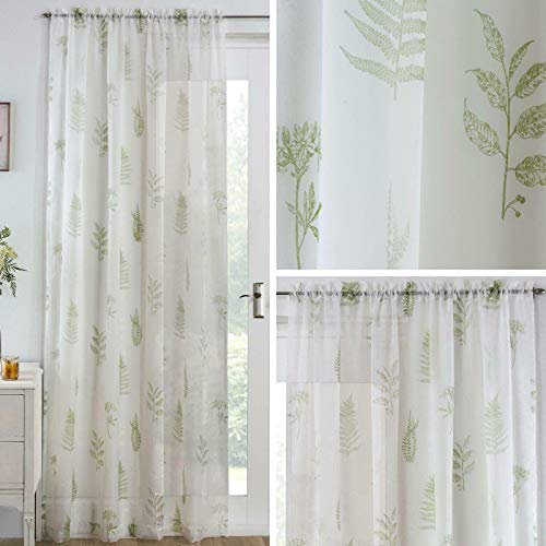 Modern Forest Leaf Printed Slot Top Window Door Single Voile Curtain Panel (Olive Green, 72 Drop)
