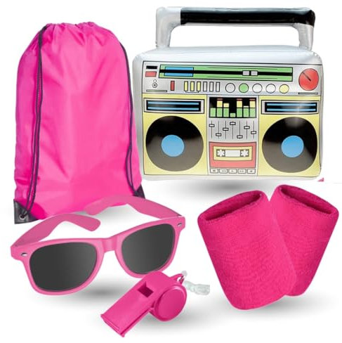 TK Gruppe Timo Klingler Schweißband pink Set mit Stirnband - als Accessoire Vokuhila Kostüm zu Retro neon 80er 90er Outfit Fasching & Karneval (XXL Retro Set)