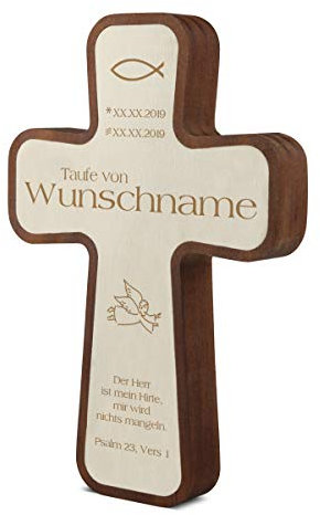Taufkreuz Kinderkreuz aus langlebigen Kebony- und Pappelholz inkl. individueller Gravur 11x16x2,2cm - Engel
