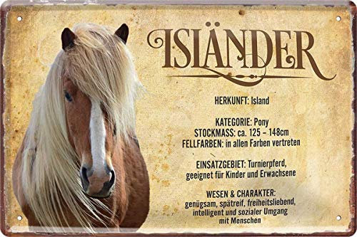WOGEKA ART Retro Blechschild - Isländer Pferd Steckbrief - witziger Spruch als Geschenk-Idee zum Geburtstag Weihnachten zur Dekoration 20x30 cm Vintage-Design aus Metall 486