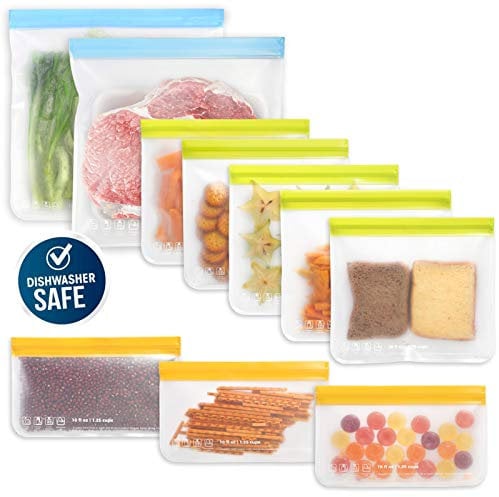 10 Stück spülmaschinenfeste, wiederverwendbare Lebensmittel-Aufbewahrungsbeutel (5 wiederverwendbare Sandwich-Taschen, 3 wiederverwendbare Snack-Tüten, auslaufsicher, silikonfreie Plastiktüten.