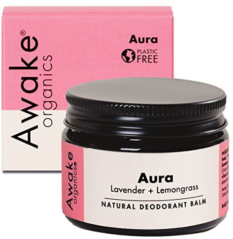 Awake Organics DEO - Natural Plastic Free Deodorant Balm - Aura in Glass Jar - Lavender & Lemongrass - Aluminium Free - Long-Lasting Odour Protection, Made in England - 55g