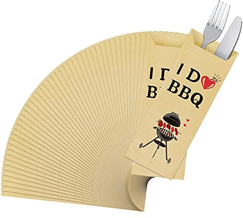 100 Pieces I Do BBQ Kraft Paper Silverware Bags Knife Forks Silverware Pouch Bags Disposable Cutlery Utensil Holder for Restaurant Kitchen BBQ Party Wedding Decorations (2.8 x 7.5 Inch)