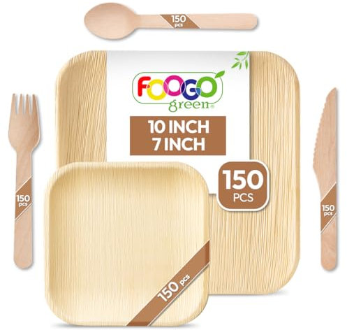 FOOGO Green 750pcs Disposable Palm Leaf Plates and Wooden Cutlery Set, FSC® Certified, 150x Large Square, 150x Small Side Plates, 150x Spoons, 150x Forks, 150xKnives, Eco Friendly