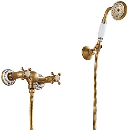 Robinets de Douche Baignoire Retro Double Poignée Mitigeur de Baignoire avec Douchette Eau Chaude et Froide Mitigeur Douche pour Salle de Bain-C