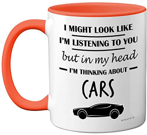 Stuff4 Lustige Tasse für Autoliebhaber – in My Head I'm Thinking about Cars – lustige klassische Auto-Tasse, Geschenke für Autoliebhaber, Benzin-Kopf-Geschenke, 325 ml, Keramik, spülmaschinenfest,