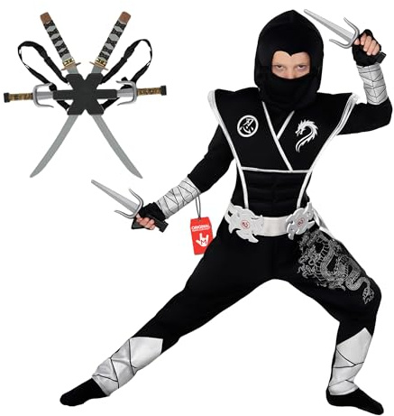 Morph Deguisement Ninja Enfant, Costume Guerrier Halloween | Combinaison Argentée, Gants, Accessoires & Sac à Dos, Look de Ninja, Parfait pour Halloween, Idéal pour les Jeux de Rôle