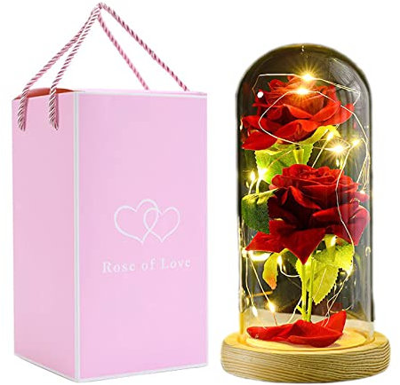 PPLONG-GE Rosen Schönheits- und Tierrosen-Set in Glaskuppel, LED-Lichter, künstliche Blumen, Rose, Muttergeschenke für Mama, Geschenk für Oma, Frauen, Geburtstag, Valentinstag, Muttertag, Hochzeit, We