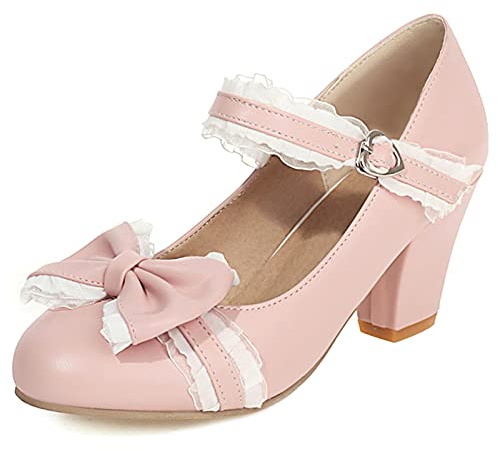 Lizoleor Damen Closed Toe Knöchelriemchen Mary Jane Blockabsatz Pumps Bows