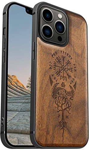 Carveit Magnetisch Hülle für iPhone 13 Pro Case [Elegante Walnuss] [Weich TPU Stoßstange] Stoßfeste Handyhülle Kompatibel mit 13Pro Magsafe Hülle Holz （Wikingerkompass Vegvisir）