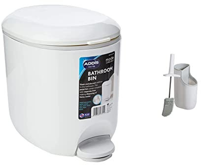 Addis 518503 Premium Deluxe Bathroom Pedal Bin with inner, White Grey, 29 x 18.5 x 23cm & Premium Toilet Brush & Storage Station Set with deep clean flexible Silicone Toilet Brush White Grey