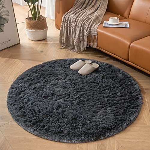 CHOSHOME Teppich Rund 150CM Wohnzimmer Hochflor Waschbar Teppich Shaggy Grau Runden Teppiche Einfarbig Runder Flauschig Teppiche Weich rutschfest fürs Flur Schlafzimmer Kinderzimmer