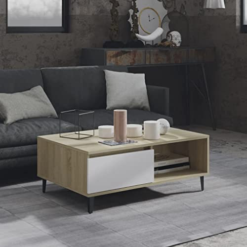 WIFESE Couchtisch mit Offenes Fach 90x60x35 cm Beistelltisch Holz Modernes Design Wohnzimmertisch Kleiner Tisch Wohnzimmer Coffee Table Robust Haltbarkeit Weiß und Sonoma Eiche Holzwerkstoff Metall