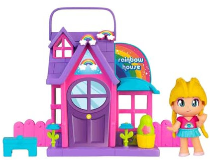 Famosa Pinypon - Regenbogenhaus, lila und rosa faltbares Spielhaus mit Zubehör, Spieldekoration und Einer Minipuppe, für Jungen und Mädchen ab 3 Jahren, (PNY26200)