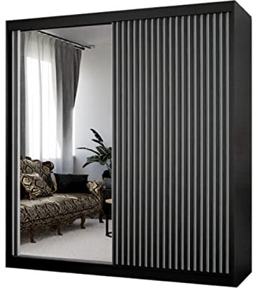 Margaret Hadas24 Kleiderschrank Lili mit Lamellen und Spiegel, Organizer, Mehrzweckschrank, Schwebetürenschrank, Garderobenschrank, Kleiderstange, Kleiderständer, Schrank, 200 cm, schwarz, weiß,