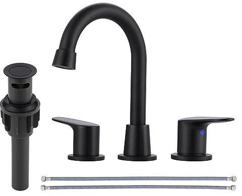 iVIGA 2 Griffe 3 Löcher weit verbreitete Badezimmer-Wasserhahn, Badezimmer-Waschbeckenarmatur mit Kupfer-Pop-Up-Ablauf, mattschwarz, WC-Wasserhahn, schwenkbarer Auslauf mit Ablaufmontage für Toilette,