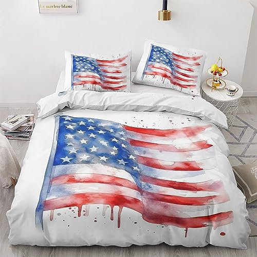 GEDAEUBA Amerikanische Flagge Bettwäsche 155x220 Sommer - Usa Flagge Bettbezug 155x220 3 teilig, Wendebettwäsche und Kissenbezug 80x80, Weiche Mikrofaser Bettwäsche-Sets mit Reißverschluss