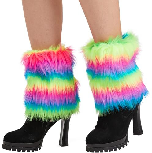 Nanxson Damen Mädchen Stulpen Furry Fuzzy Beistulpe Beinwärmer Kurz Beinlinge Strumpf (Kurzer Regenbogen)