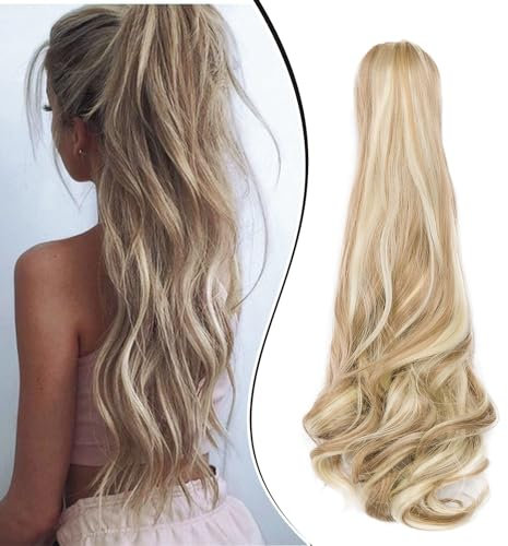 Dcbaboo Pferdeschwanz Haarteil Zopf Extension mit Klammer Wellige Lang Ponytail Extensions Haarverlängerung Clip Synthetik Gewellte Pferdeschwanz Haarextension Zopf, 45cm Sandy Blonde & Bleichblond