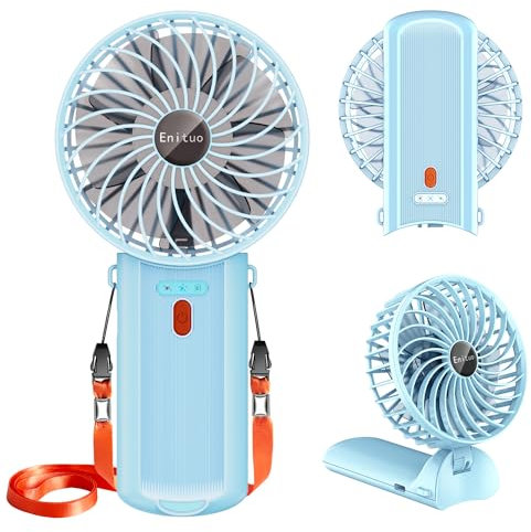 Enituo Handventilator Tragbarer, Mini USB Wiederaufladbar Hand Ventilatoren, 180° Faltbarer Tischventilator mit 4 Windgeschwindigkeiten, 6-15 Std. Laufzeit Ventilator Ideal für Reisen, Büro (Blau)